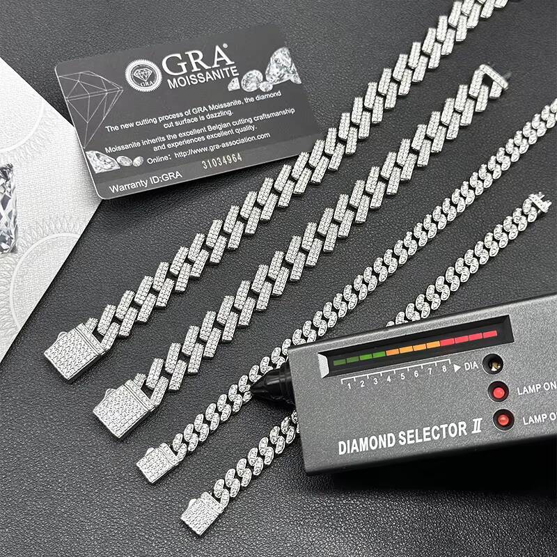 Cuban Link Chain 6mm14mm S925 Sterling Silver Rhodium Plated VVS D Color Moissanite Bracelet Necklace Cuban Style Link Chain