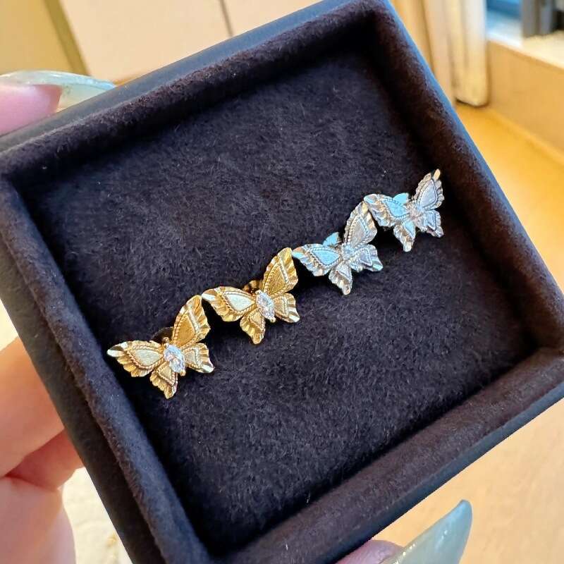 Light Luxury High-End Niche Designer Brushed Phantom Butterfly Inlaid Diamond Vintage Style Necklace Earrings Ring Bracelet Set