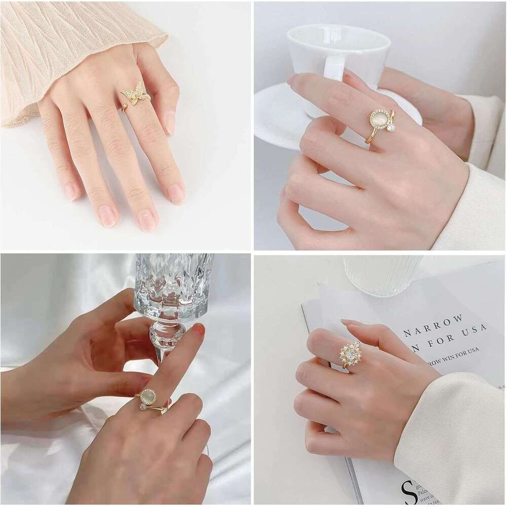 6Pcs 14K Gold Plated Women, Adjustable Spinner Ring, CZ Butterfly Bee Moon Star Fidget Rings Anxiety Stress Relief for Women