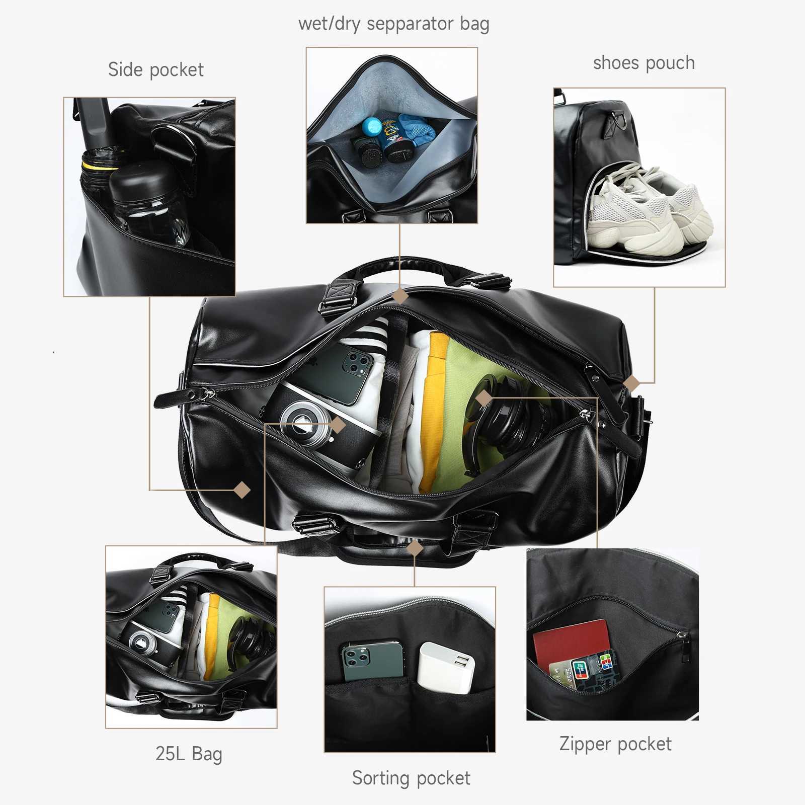 Leather Travel Duffel Bag for Men Vintage Waterproof Bag with Shoe Pouch Overnight Gym Sports CarryOn Leather Bag W250911