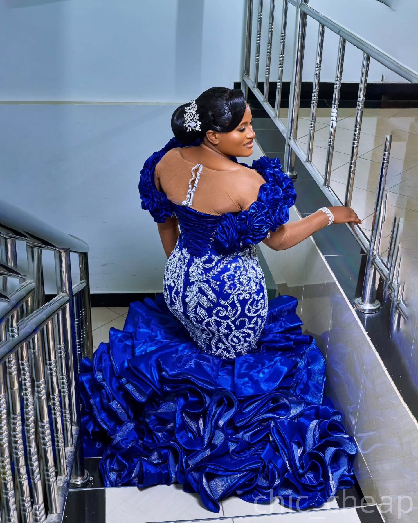 Royal Blue Mermaid Prom Dresses 2025 Crystals Flowers Lace Satin Evening Formal Party Second Birthday Engagement Gowns Plus Size Dress For Special Occ