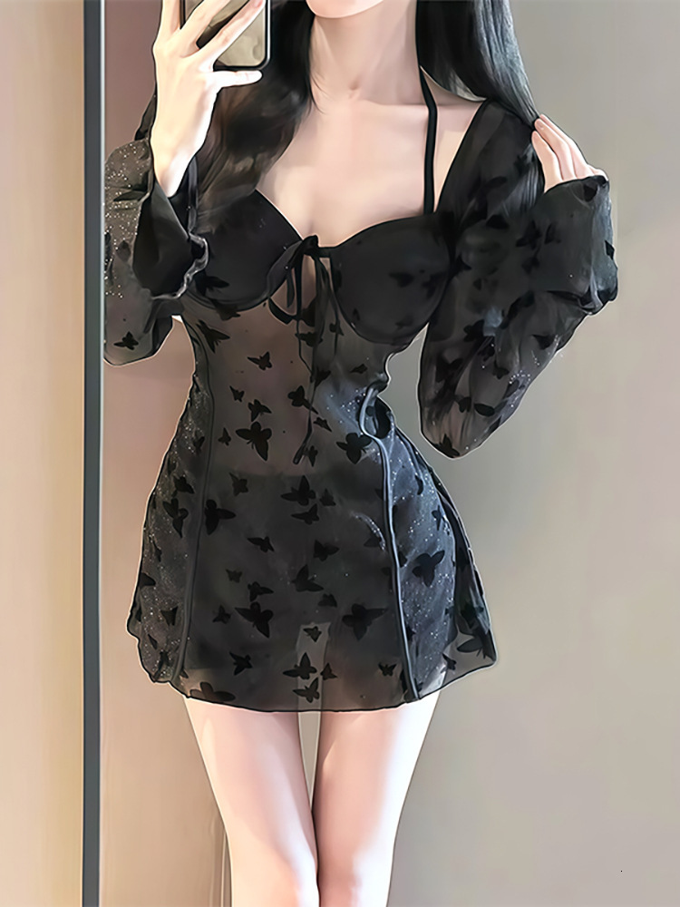 Black Butterfly Shimmer One-Piece Swimsuit for Women, Long Sleeve, Slimming, Sheer, Sexy, Small Chest, Gathered, Hot Spring