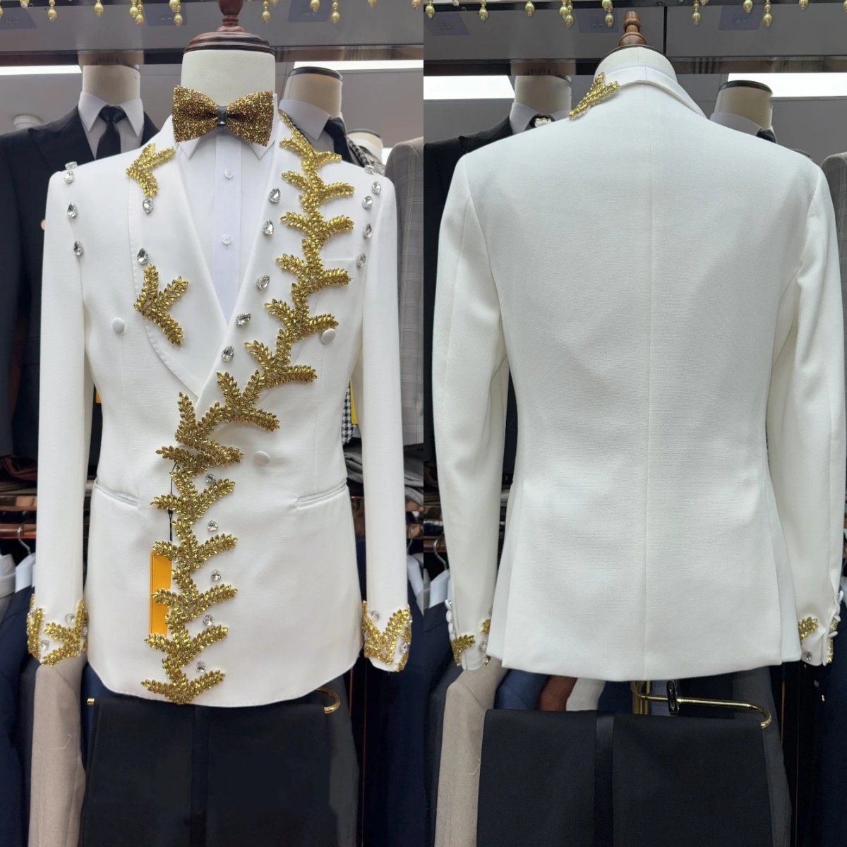 Modern Men's Suit Shawl Lapel Tailor-Made Crystal Jacket 2 Pieces Set Rhinestone Double Breasted Customized Coat Black Pant Plus Size