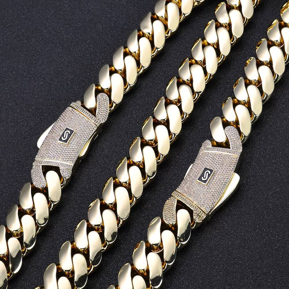 NUOYA Hiphop Jewelry Iced Out Diamond Clasp Flat Monaco Chain 14K Gold Plated Thick Cuban Link Chain Choker Necklace for Women
