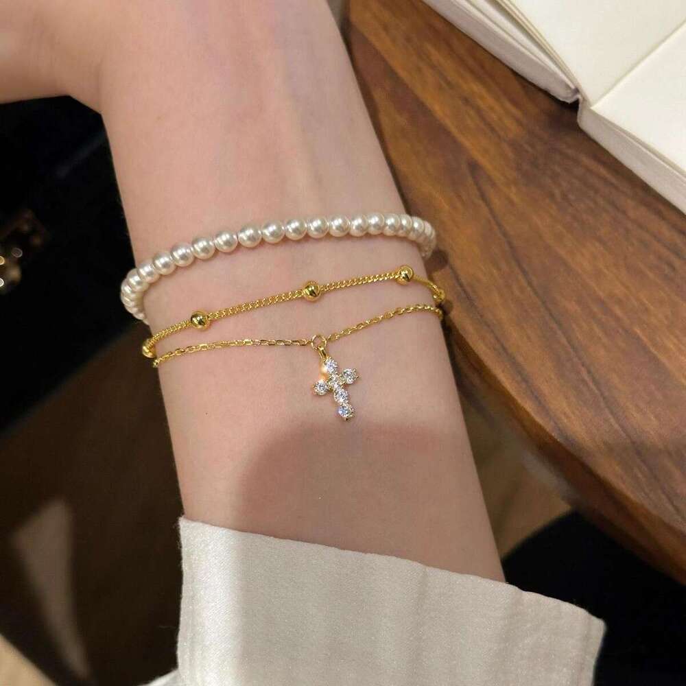 French Style Double Layer Stacked Sparkling Dia Cross for Women, Exquisite Versatile Bracelet with Unique Design Sense