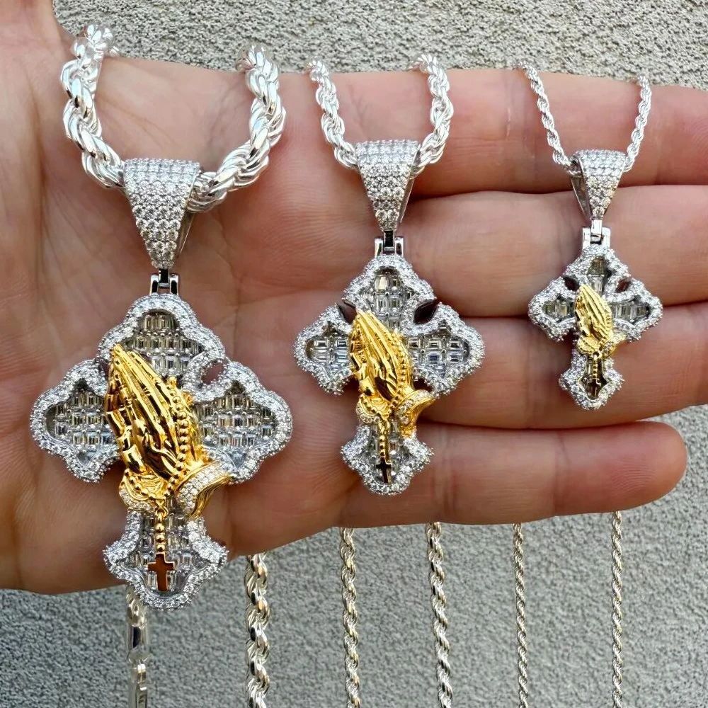 Hip Hop Praying Hands Cross Pendant Necklace 5A Zircon Boy Men Religion Jewelry
