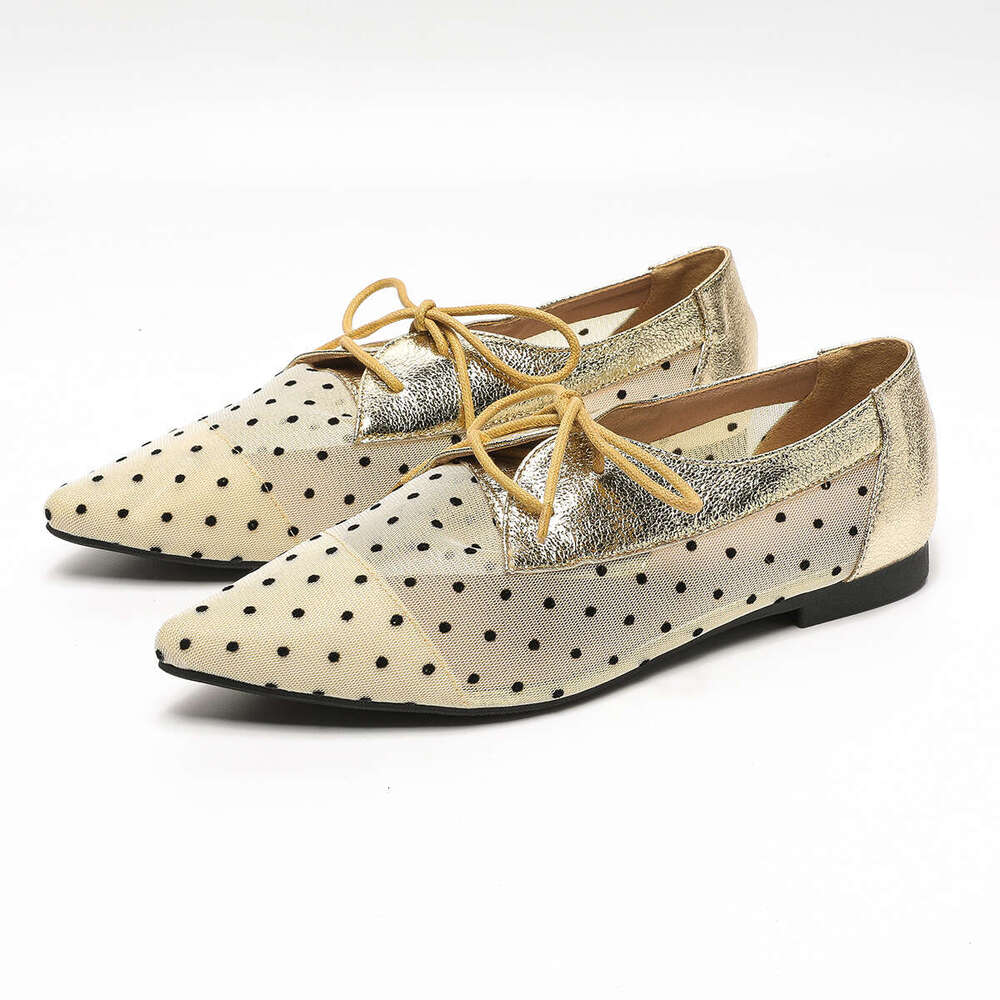 Large Size Designer Shoe 35-45 Pointed Toe Mesh Lace-up Flats Spring Summer Women's Shoes Polka Dot Breathable Sandals
