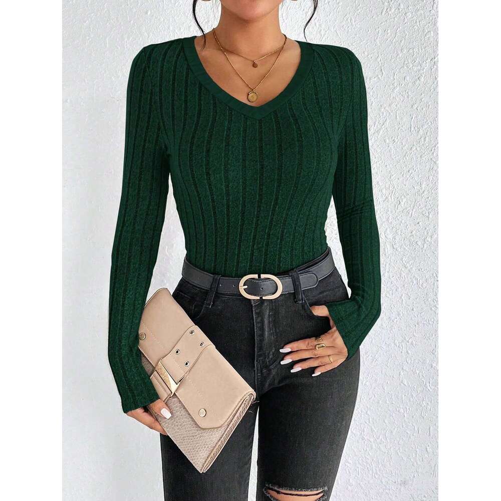 Slim Fit V-Neck Knitted Jumper Long Sleeve Top For Women Sexy Trendy Pullover Casual Wear