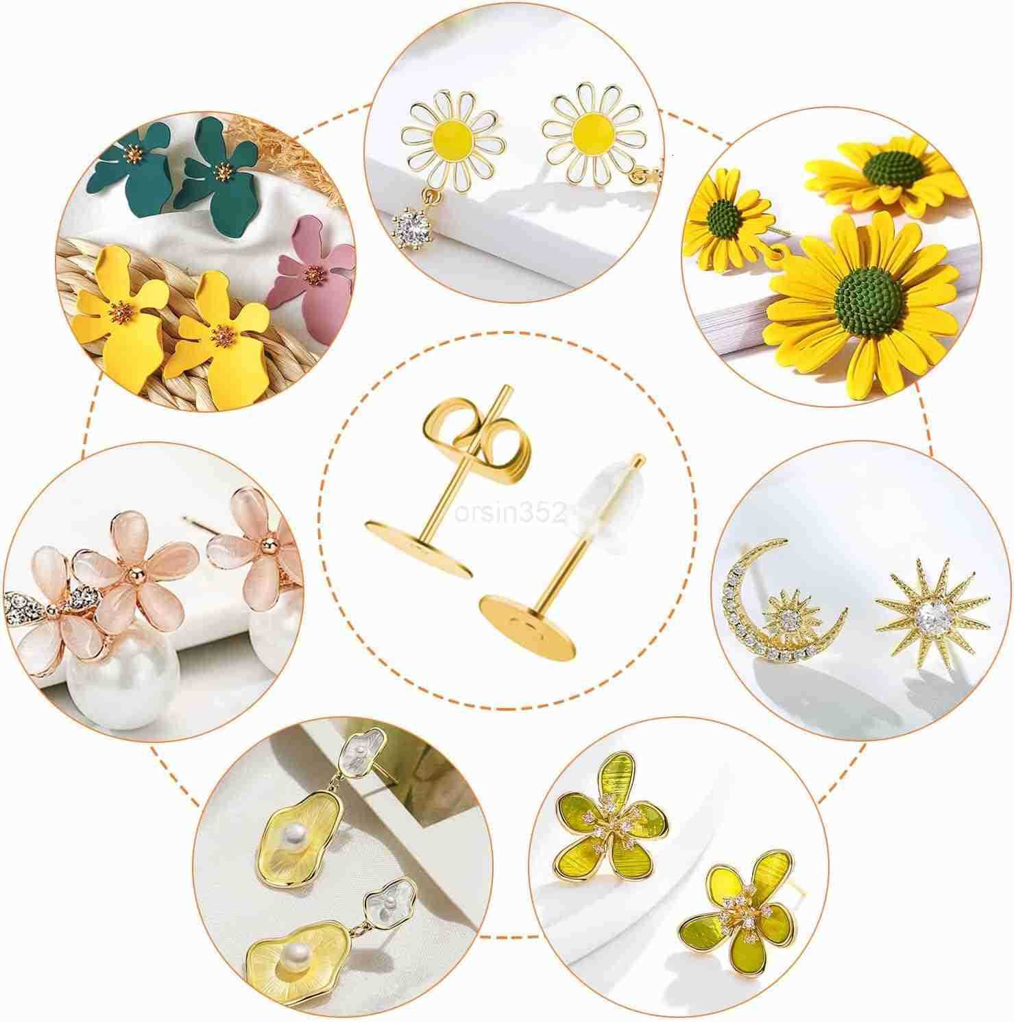 Earring Posts Stainless Steel Flasoo 1200Pcs Hypoallergenic Earrings Posts and Backs Gold Flat Pad Ear Ring Studs with Clutch for Earring Making and D