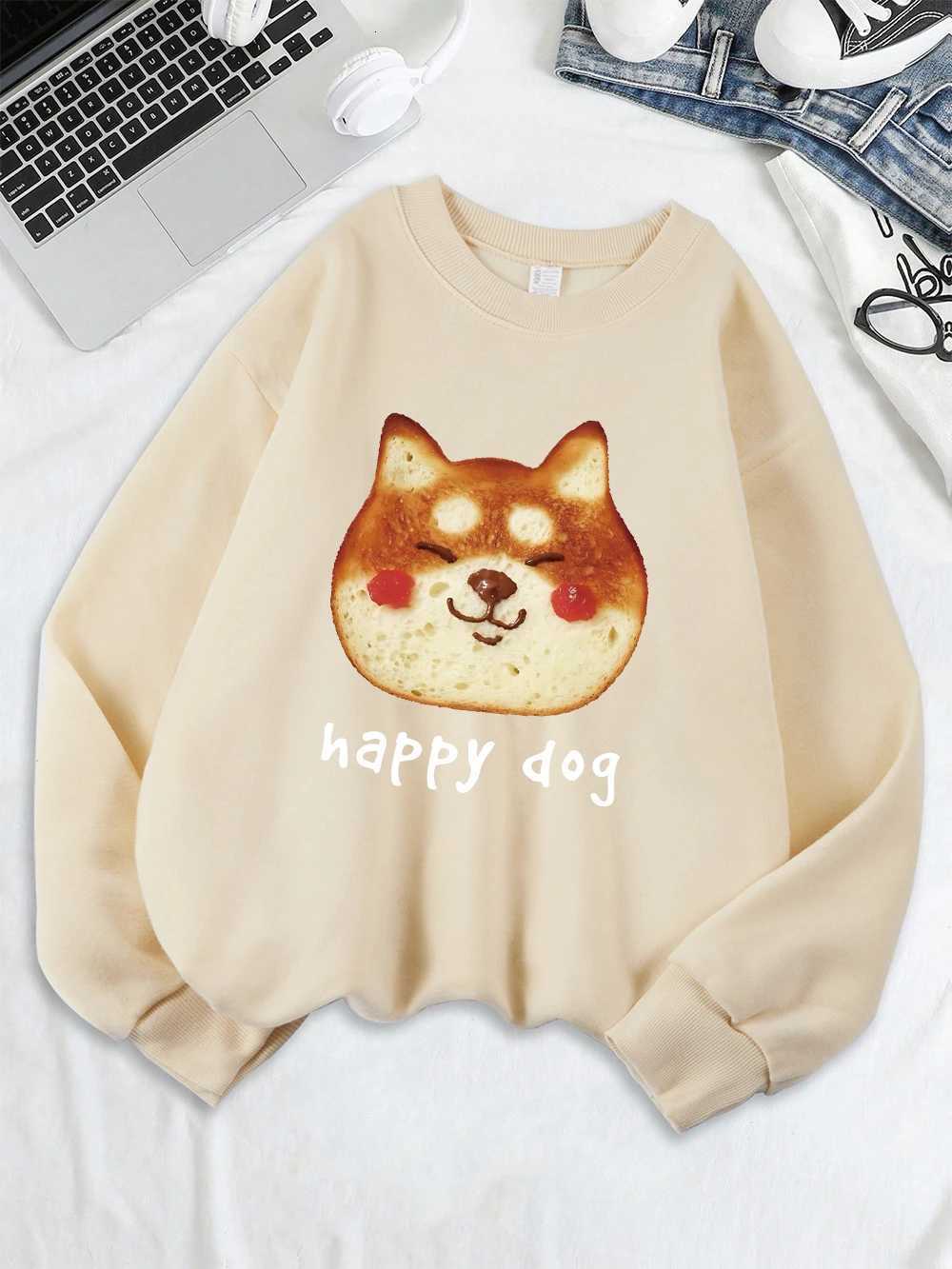 Happy Dog Cookie Printing Sweatshirt Women Fleece Warm Winter Hoodie Loose Casual Pullover Crewneck Comfortable Womans ClothesZ250918