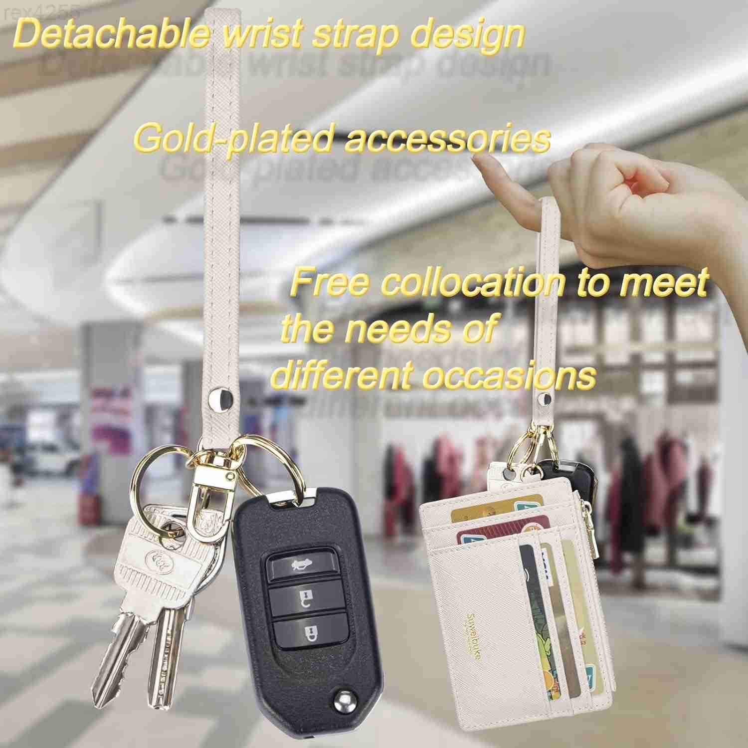 Women Slim Rfid Blocking Credit Card Case Holder Wristlet Zip ID Case Wallet Small Compact Leather Wallet Coin Purse with Keychain BeigeW250911
