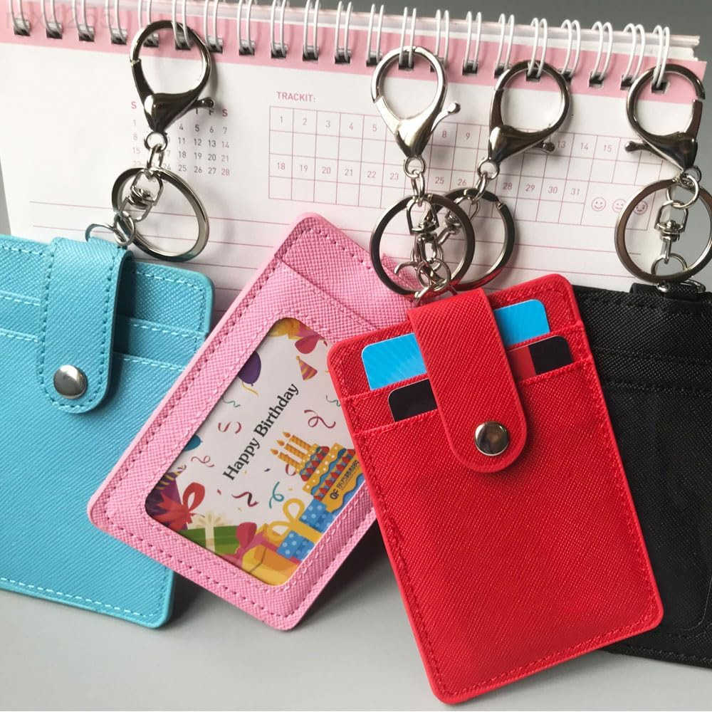 2 Pack Slim Credit Card Holder BackFront Pocket Purse Wallets Faux Leather ID Badge Holders for Carrying Keys Metro Cards with Metal ClaspsKey RingsW2