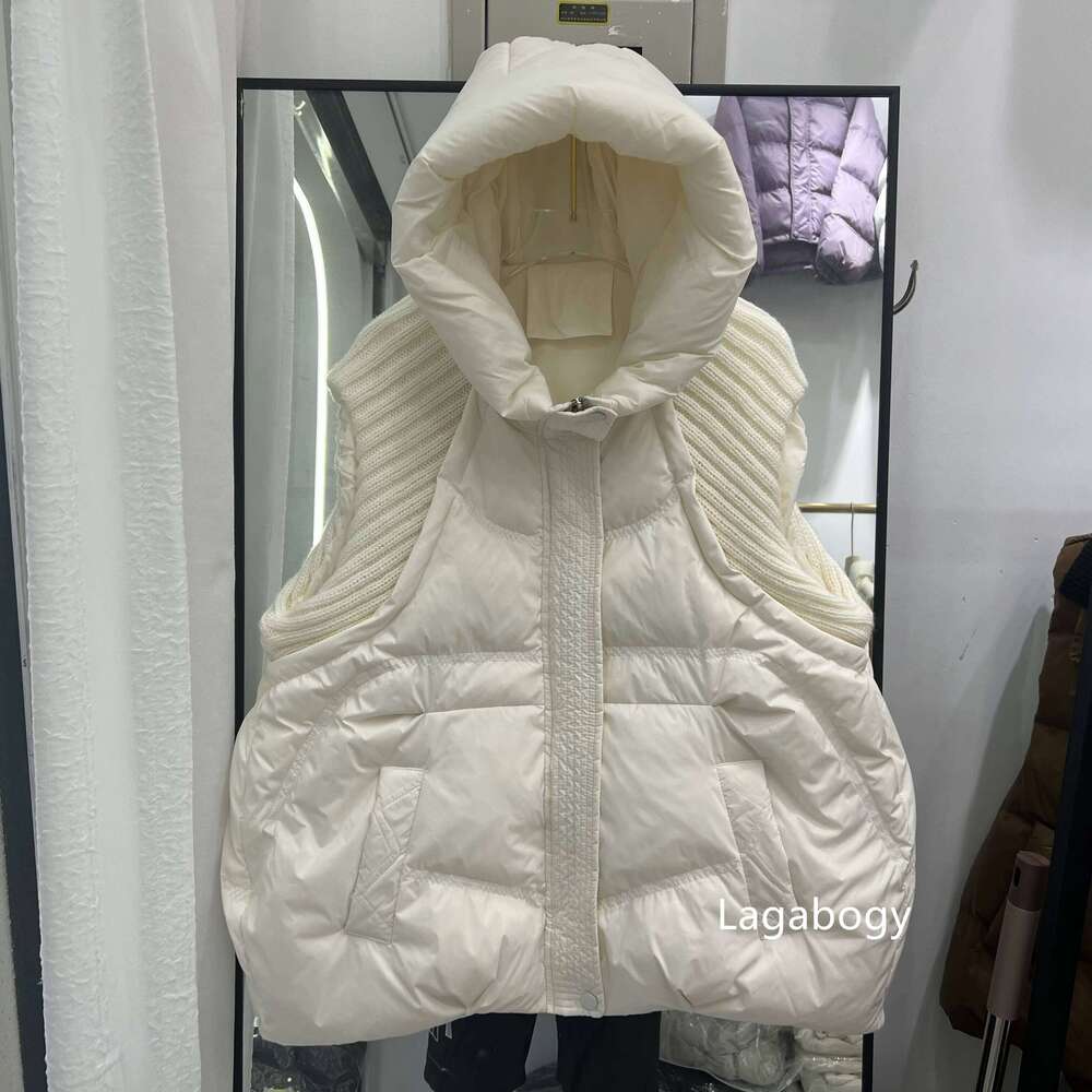 Lagabogy 2025 Winter Women White Duck Down Sleeveless Warm Puffer Jacket Casual Loose Knitwear Patchwork Vest Hooded Waistcoat