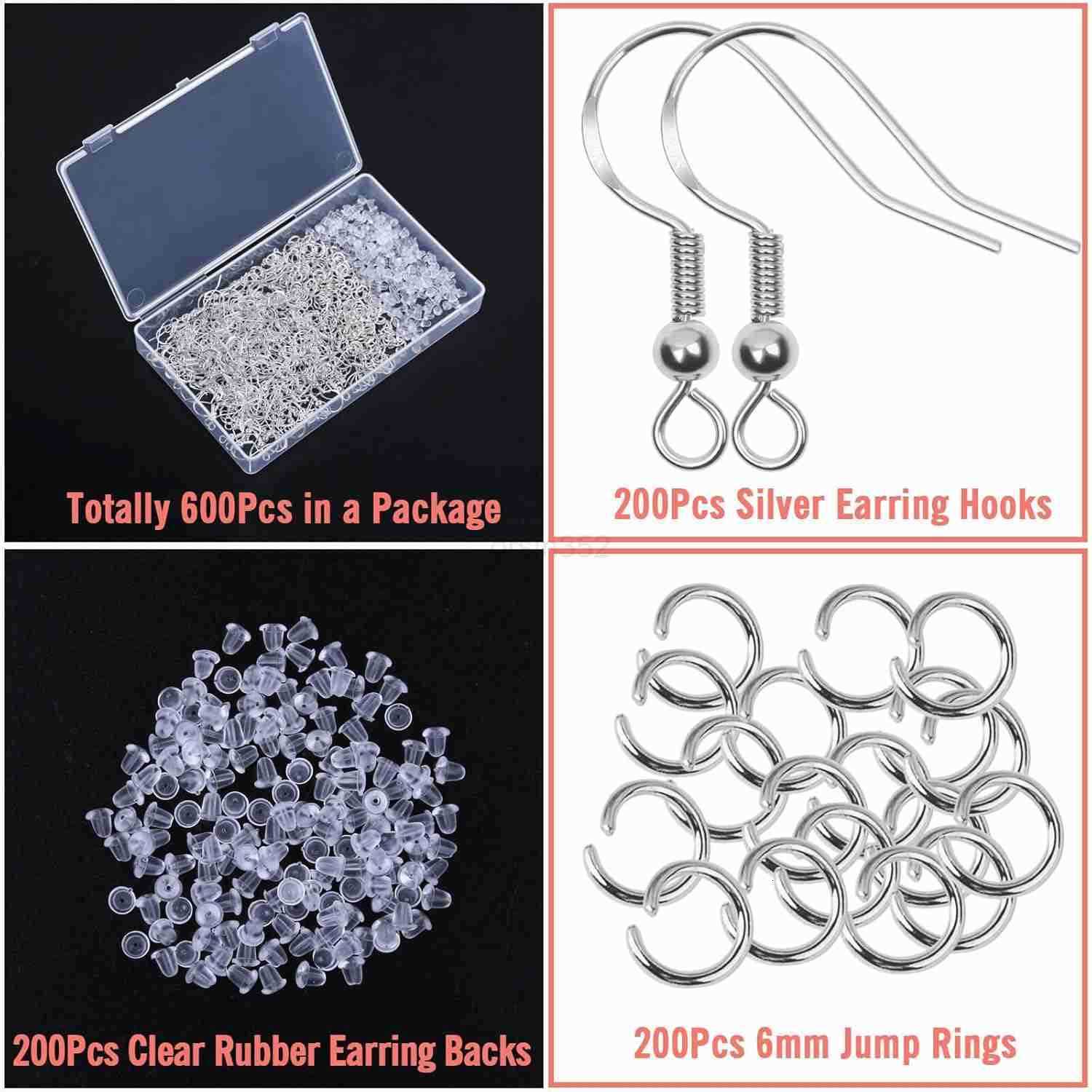 600Pcs Earring Making Kit with Hypoallergenic Hooks Jump Rings Rubber Backs SilverW250911