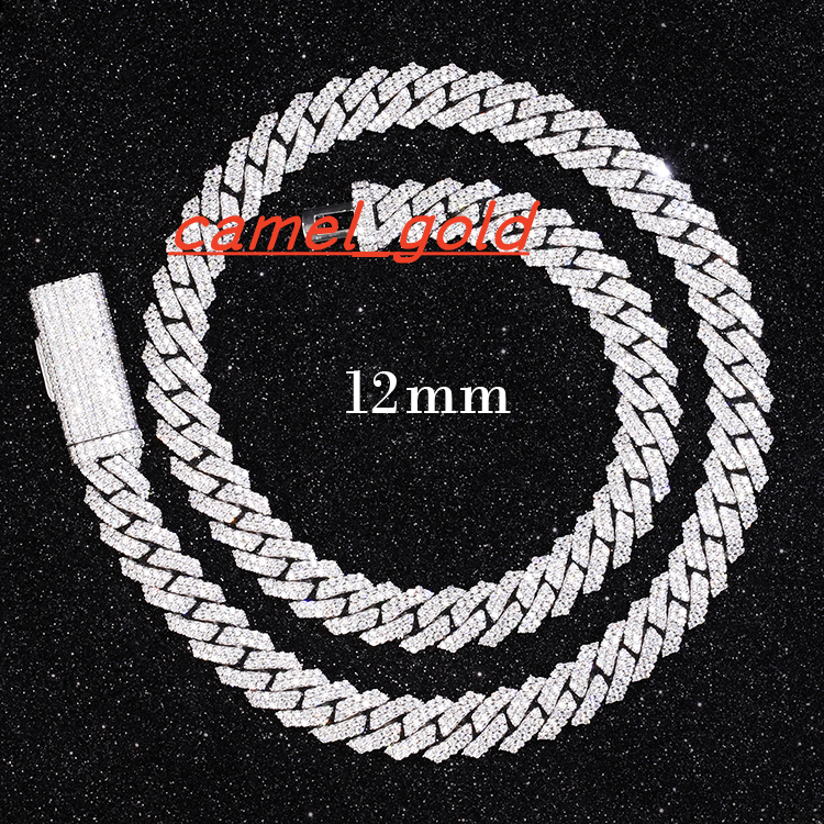 S925 Real Light Moissanite with GRA 12mm 2Rows Iced Out Cuban Chain Necklace for Men