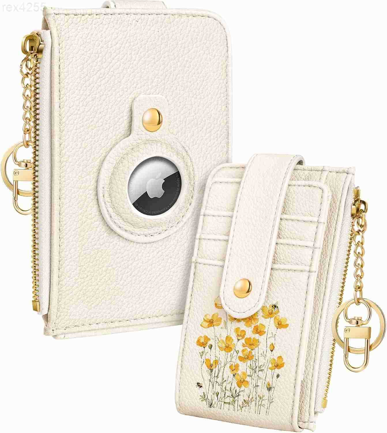 Cute Card Wallet Women with AirTag Holder Daisy Flower Genuine Leather Small Wallets with Keychain RFID Credit Cardholder Air Tag Aesthetic Coin Purse