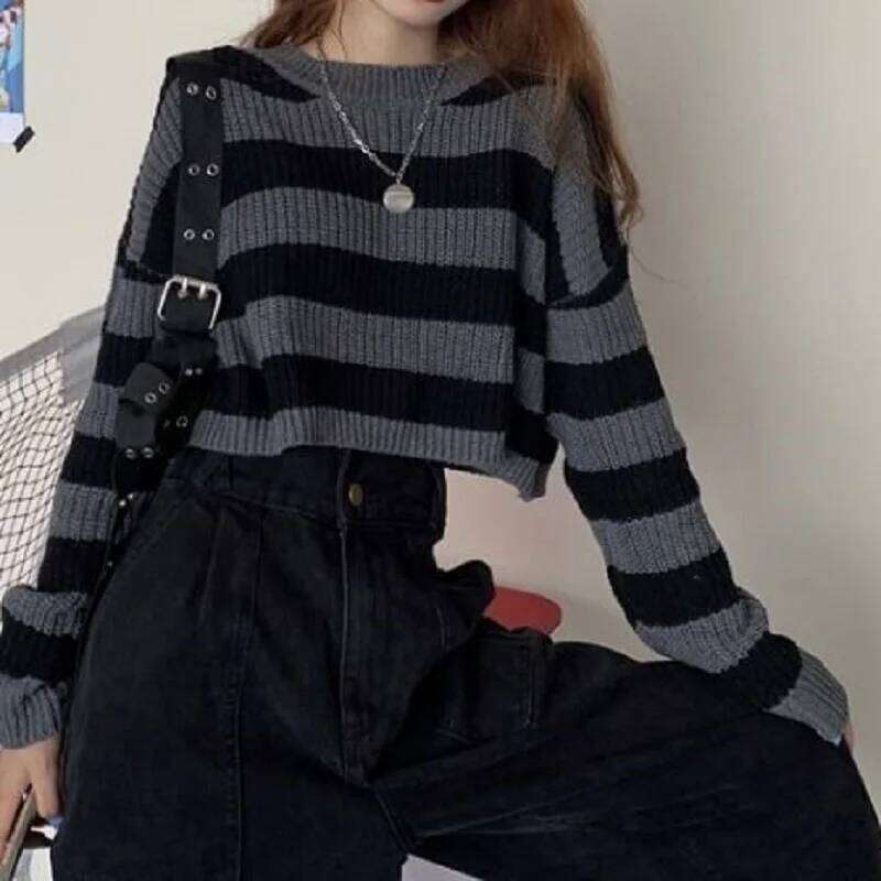 New Korean Style Striped Cropped Sweater Women Vintage Oversize Knit Jumper Female Autumn Long Sleeve O-Neck Pullovers Tops