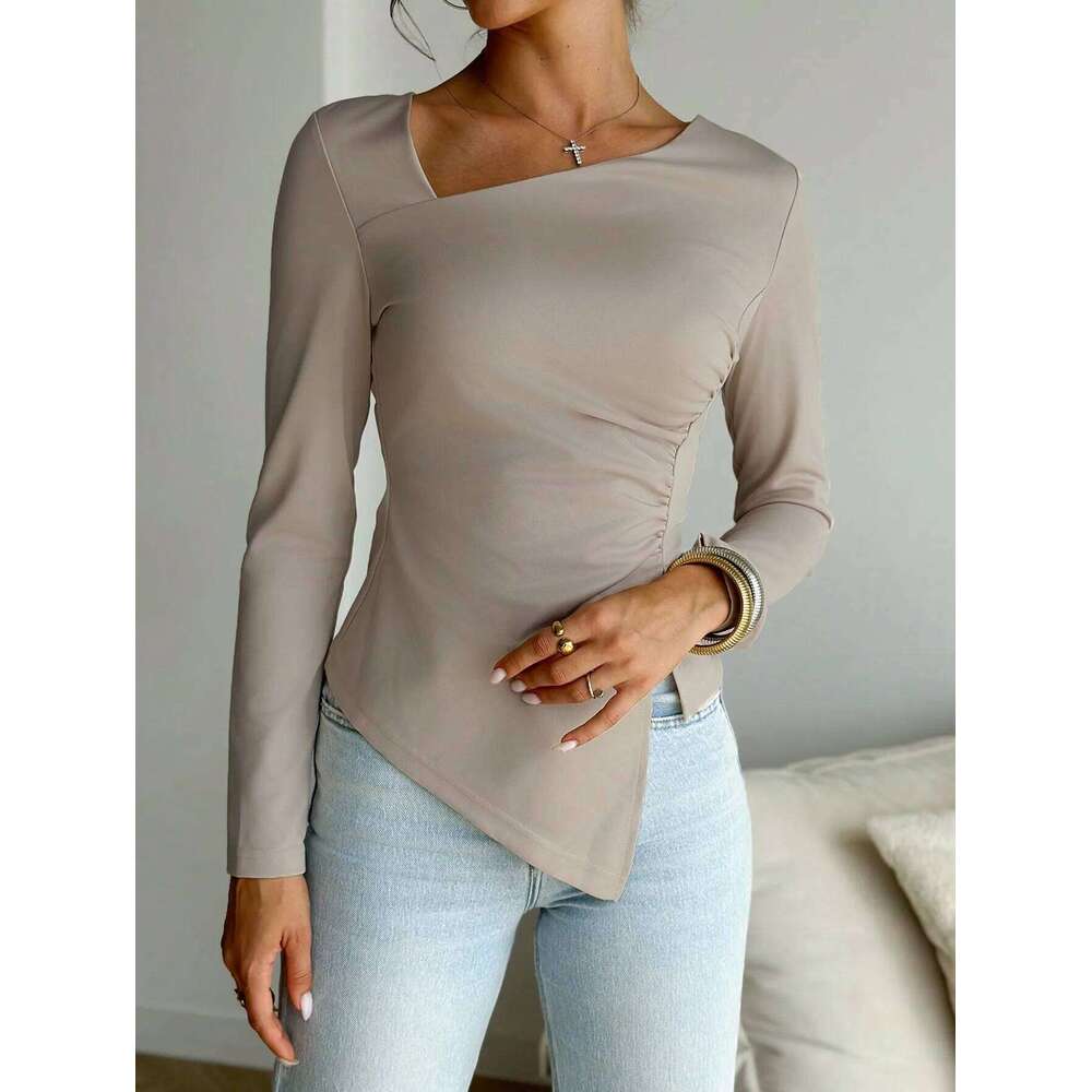 Autumn And Winter Daily Simple Elegant Date Out Of Street Solid Color Long Sleeve Waist Troops In The Hem Tight T-Shirt