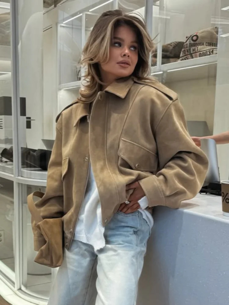 Vintage Suede Leather Solid Jacket for Women Casual Long Sleeve Female Zipper Lapel Coats Autumn Winter Lady Outwear Street 250911