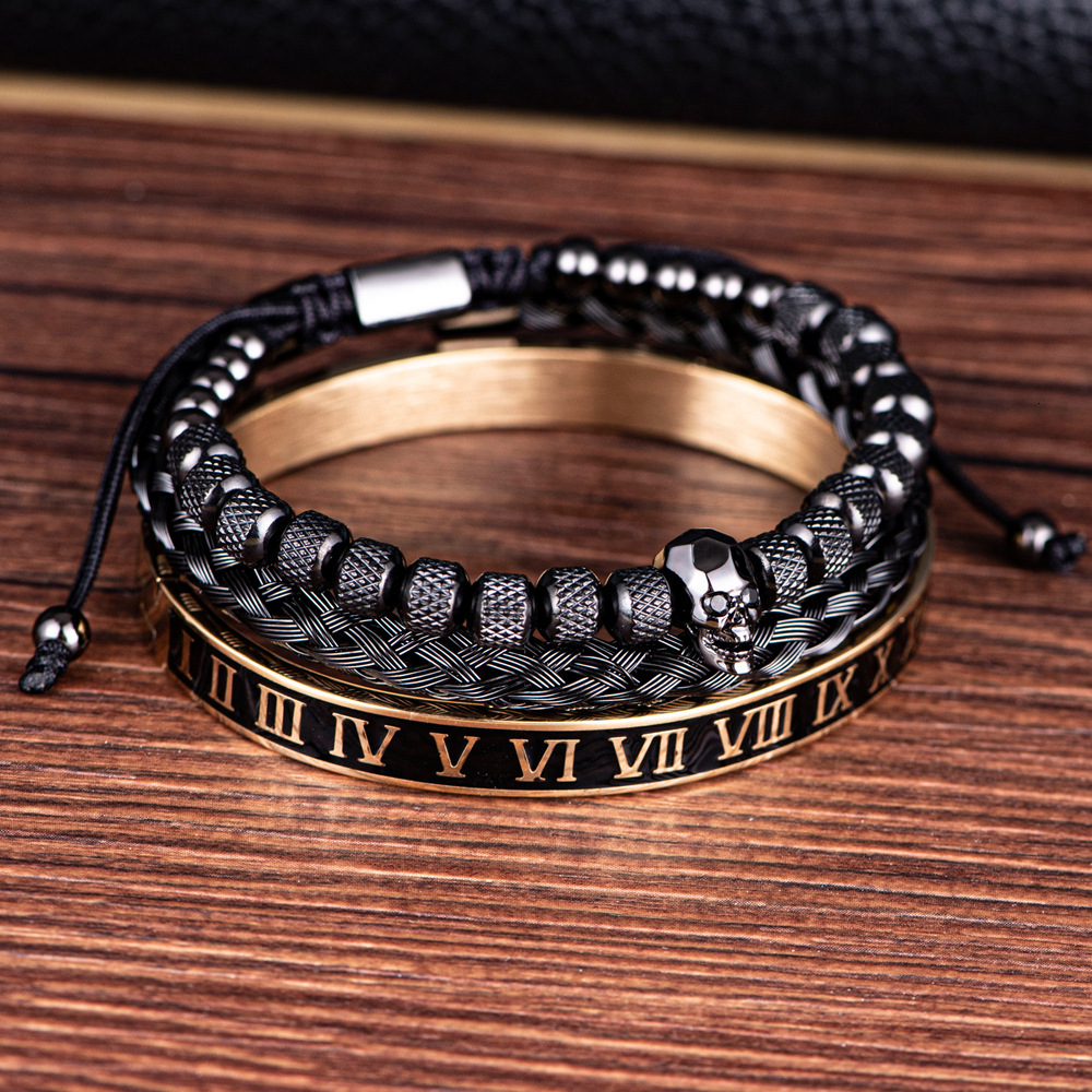 Cut Faced Ghost Head Braiding Bracelet Set Stainless Steel Dripping Roman Numeral Twist Bracelet for Men