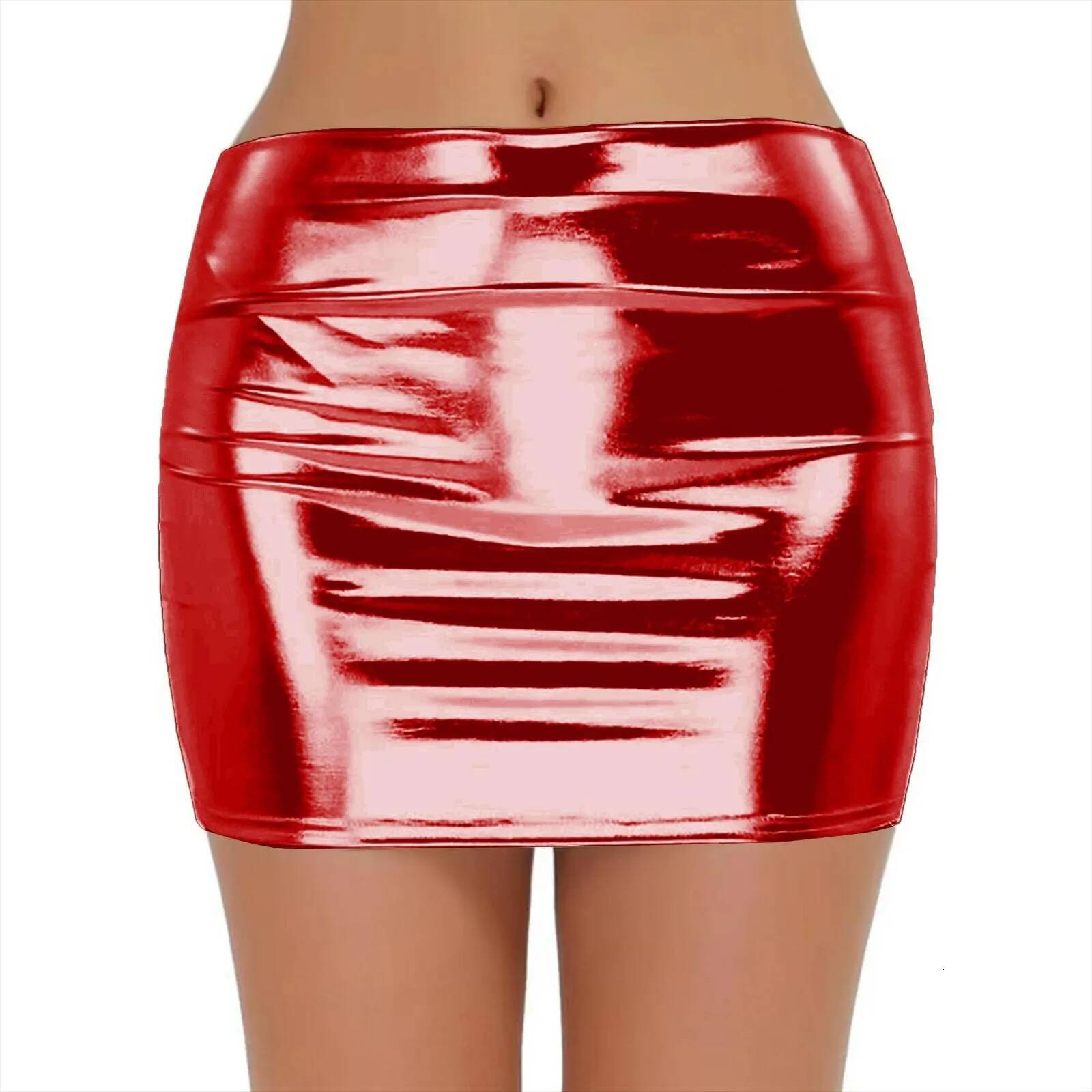 Sexy PU Leather Short Skirts for Women Club Prom Performance Solid High Waist Mini Skirt Gold Red Shine Bright Fladas Mujer XXL dongdumaoyi