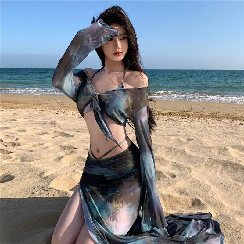 2025 New Long Skirt Bikini Four-Piece Set Sexy Slimming Cover-Up Two-Piece Vacation Swimsuit for Women