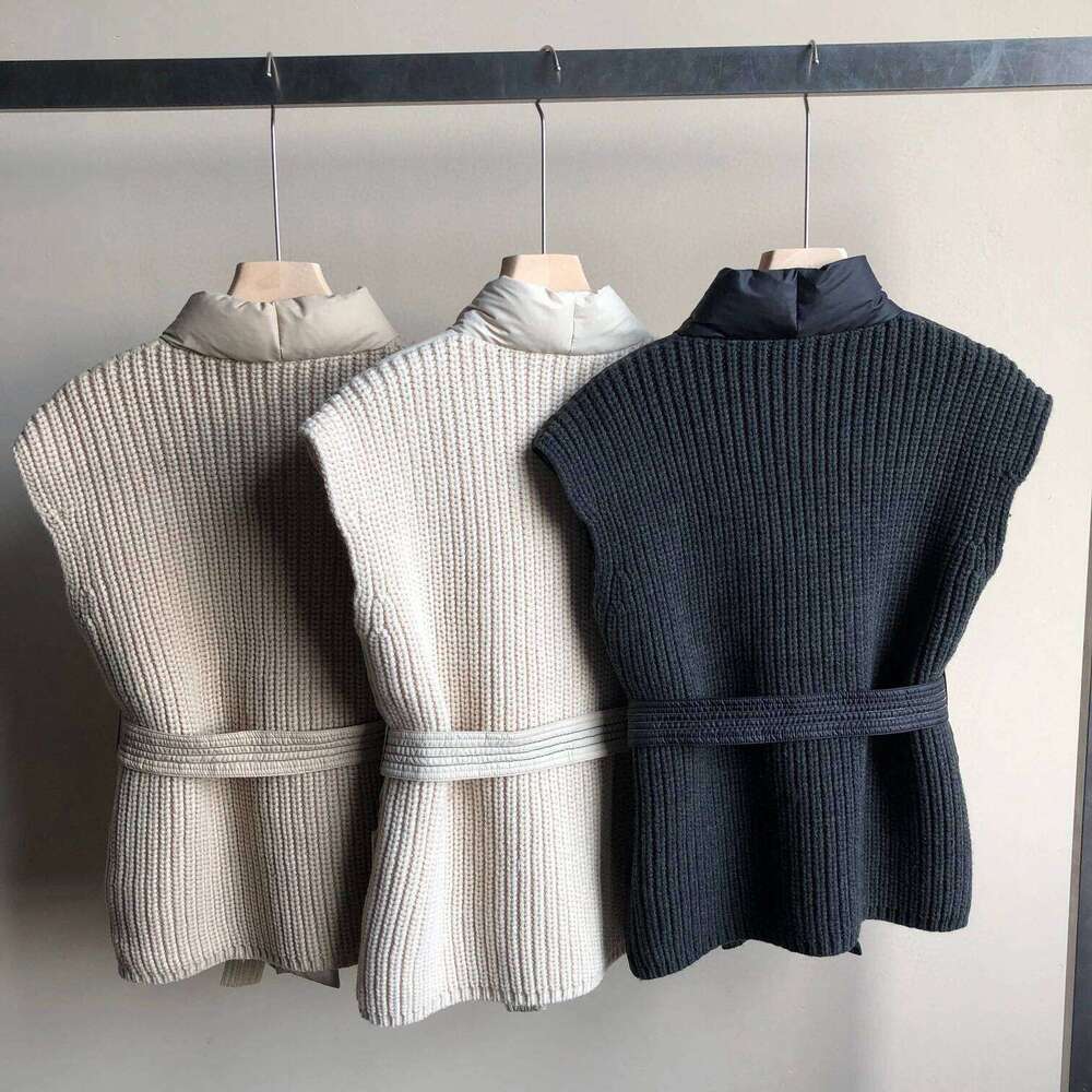 Lagabogy 2025 Winter Women 90% White Duck Down Vest Knitwear Splice Belt V-Neck Waistcoat Female Lace-Up Puffer Coat Sleeveless