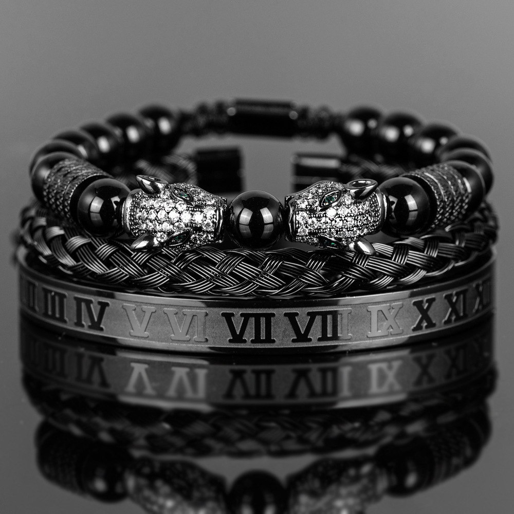 Black Double Leopard Head Braiding Stainless Steel Roman Numeral Bracelet Set Retro Designer Jewelry for Men