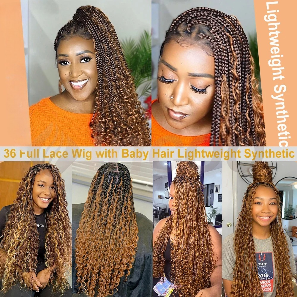 Boho Braided Wigs Synthetic Full Lace Front Wigs Blonde Curly Ends Hair Goddess Locs Cornrows Braid Wigs Knotless Box Braids Lace Frontal Wig