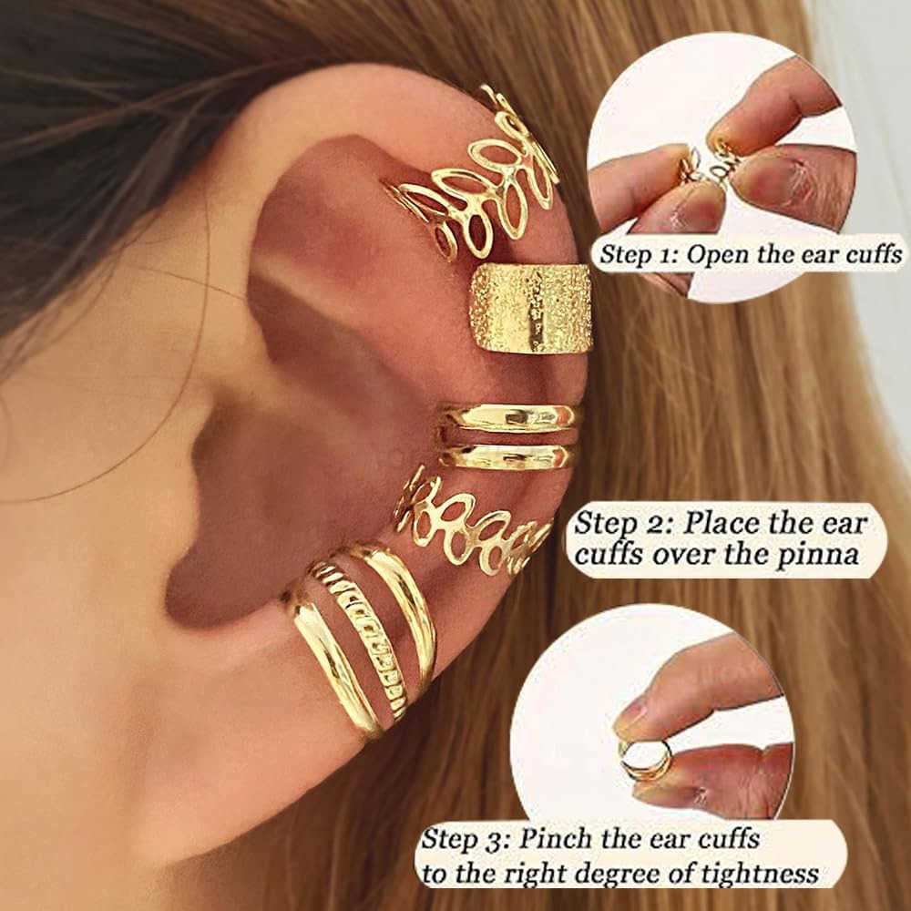 22Pcs Gold Ear Cuffs Earrings for Women Non Piercing Lightweight Adjustable Hypoallergenic Fake Clip On Cartilage Butterfly Chain Twist Helix Leaf Wra