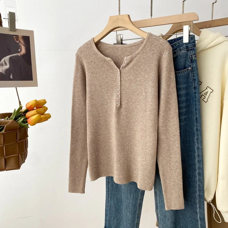 Knitted Jumper Soft Warm Pullovers Little Button Vneck Long Sleeve Sweaters Solid Multi Color Basic Slim Pullover Tops 250911