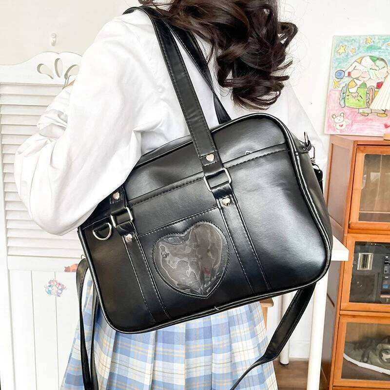 Women Jk School Handbag Large Capacity PU Anime Crossbody Transparent Love Heart Shoulder Uniform Bag For Shopping Commuting