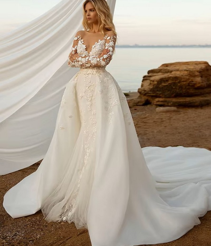 Detachable 2 in1 Lace White Wedding Dresses Elegant Women Sexy V-neck Backless Mermaid Lace Appliques Tulle Bridal Gowns Vestidos De Novia