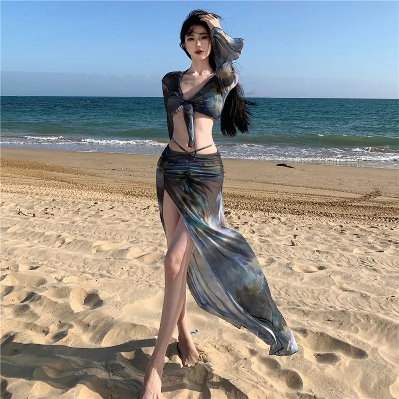 2025 New Long Skirt Bikini Four-Piece Set Sexy Slimming Cover-Up Two-Piece Vacation Swimsuit for Women