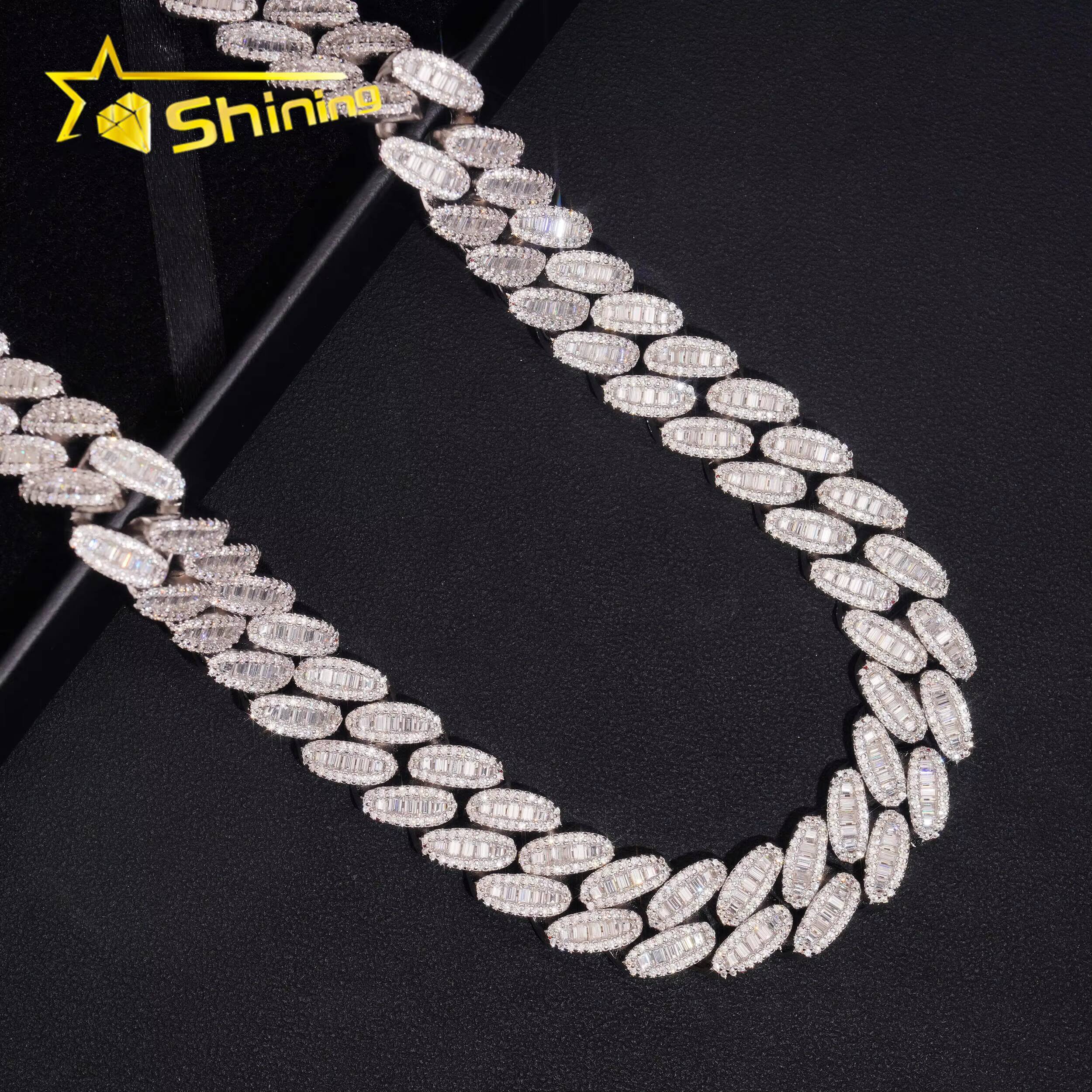 Pass Diamond Tester Men Jewelry Prong Setting Miami Iced Out Cuban Link Necklace 925 Silver 15MM VVS Baguette Moissanite Chain