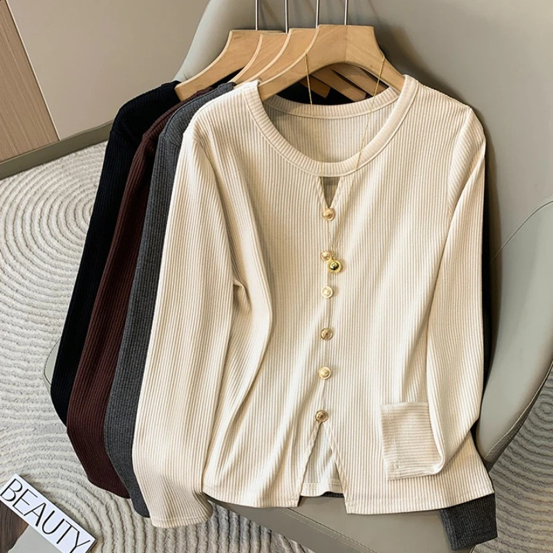 ZJAISS Women Plus Size Sweater Autumn Winter ONeck HollowOut SingleBreasted Pullovers Split Hem Knit LongSleeve Top 250911