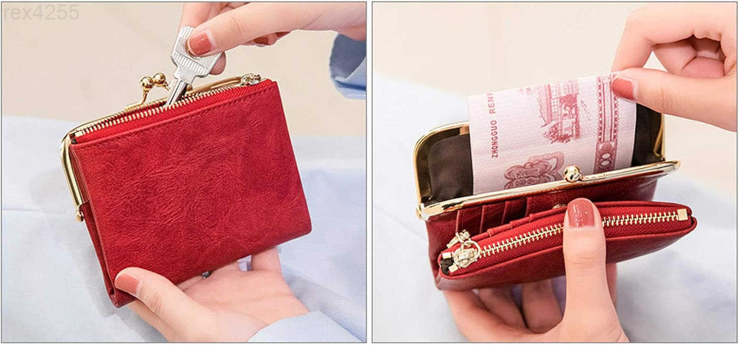 Womens Wallet RFID Small Compact Bifold Leather Vintage WalletLadies Coin Purse with Zipper and Kiss LockW250911