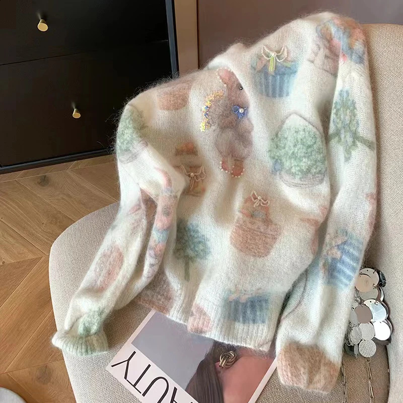 n Bunny Beadprinted Mohair Sweater Womens Autumn and Winter Sweet Soft Waxy Knitted Top y2k clothes 250911