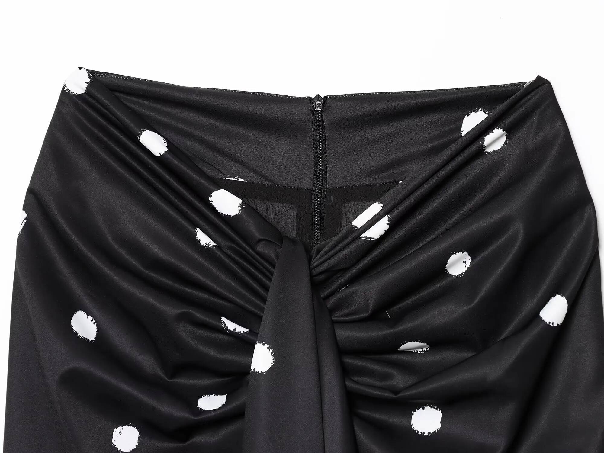 2025 Sexy Black Polka Dot Midi Skirt: Thigh-High Slit, Bow-Tie Waist, Ankle-Length Curve-Hing Design For Woman Summer Casual dongdumaoyi
