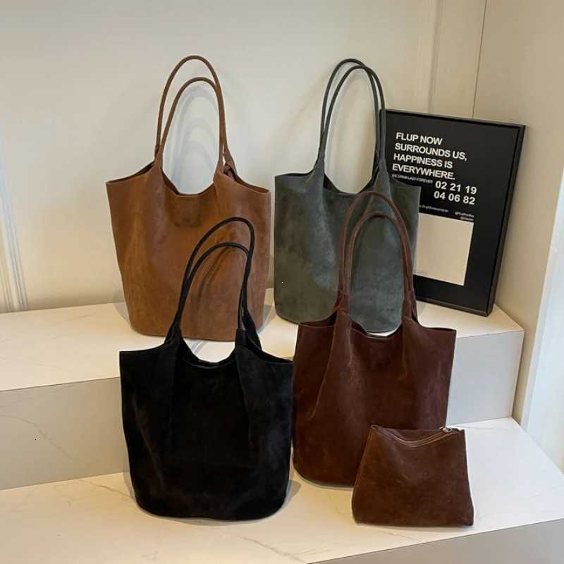 Suede Sewing Thread Retro Womens Shoulder Bags Zipper Casual Versatile 2025 New Solid Colors High Capacity Casual Tote W250911