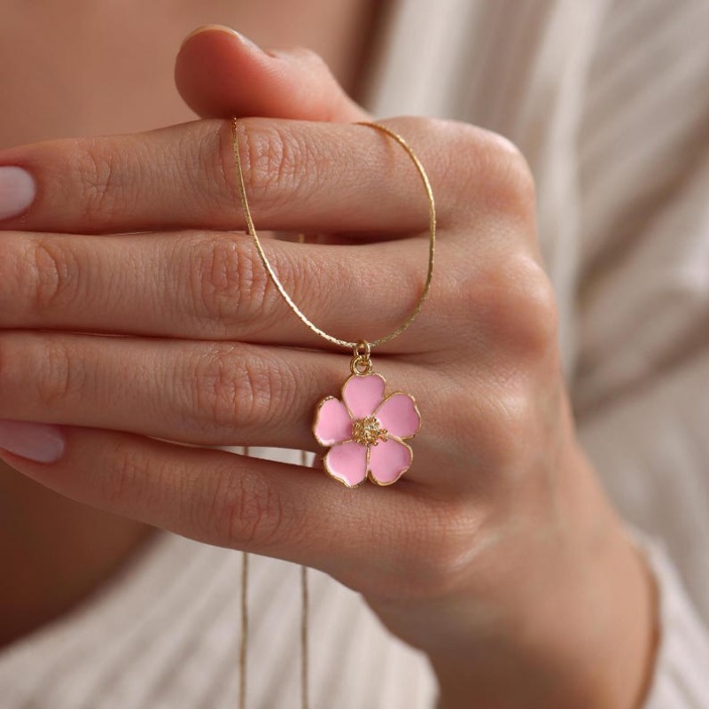 Jewellery Finery: Exquisite Plated Enamel Sakura Flower Necklace, Dainty Texture, Everyday Pendant for Holiday Gifting and Personal Adornment