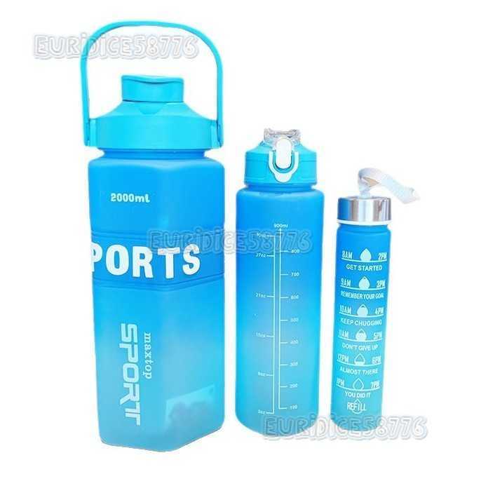 Large Capacity Pet Plastic Cup Gradient Threepiece Set Double Drinking Straw Water Cup Outdoor Sports Portable Handle Cold Water Bottle H250911