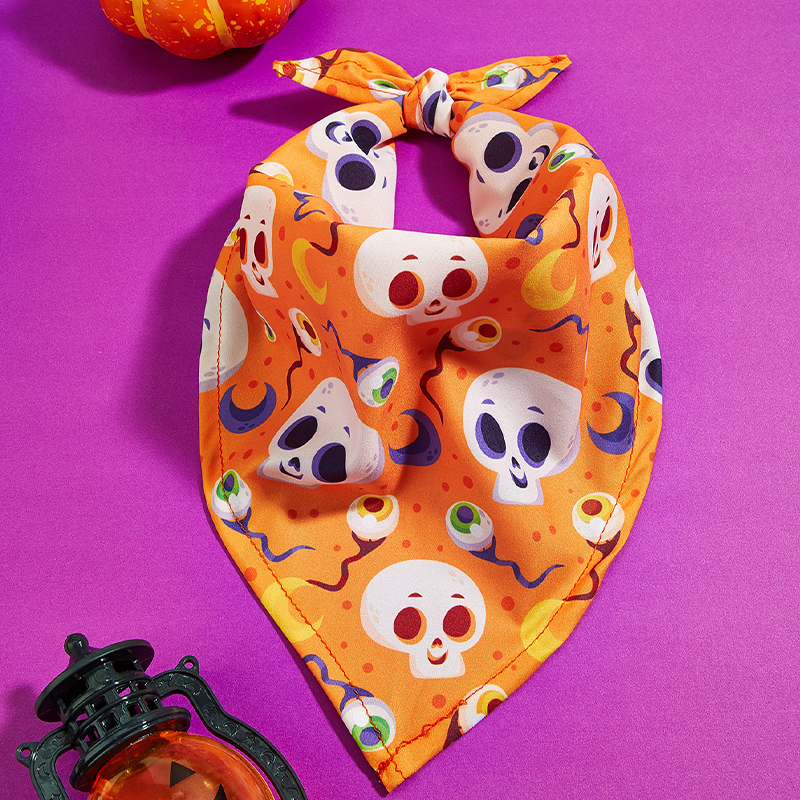 Halloween themed pet bib featuring an orange skull design