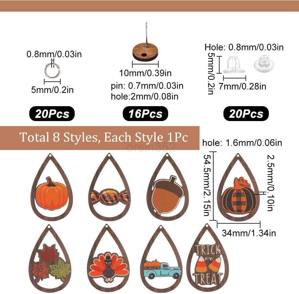 1 Box 72Pcs DIY 8 Pairs Thanksgiving Dangle Making Starter Kit Thanksgiving Earrings Bulk Wood Teardrop Charms Wooden Fashion Earrings for Jewelry Mak