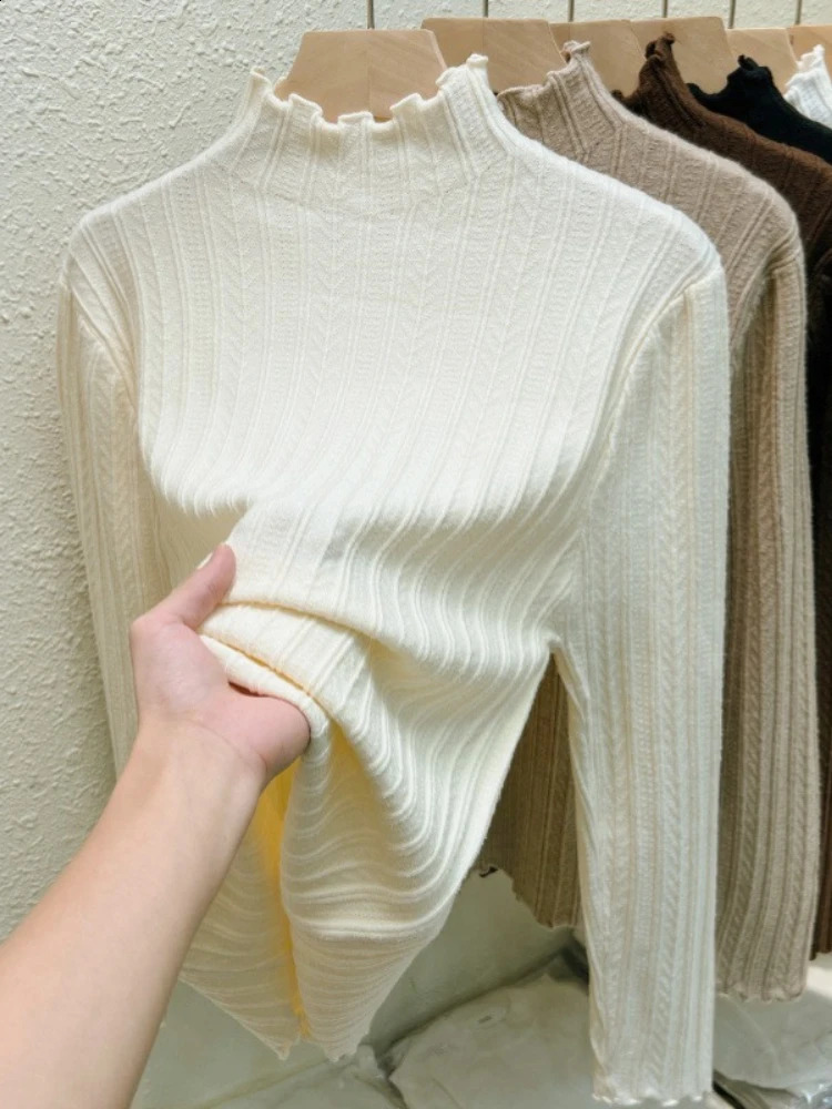 Ruched Autumn Winter Sweaters Women Fashion Turtleneck Pullover Slim Long Sleeve Knitted Jumpers Soft Warm Pull Femme Tops 250911