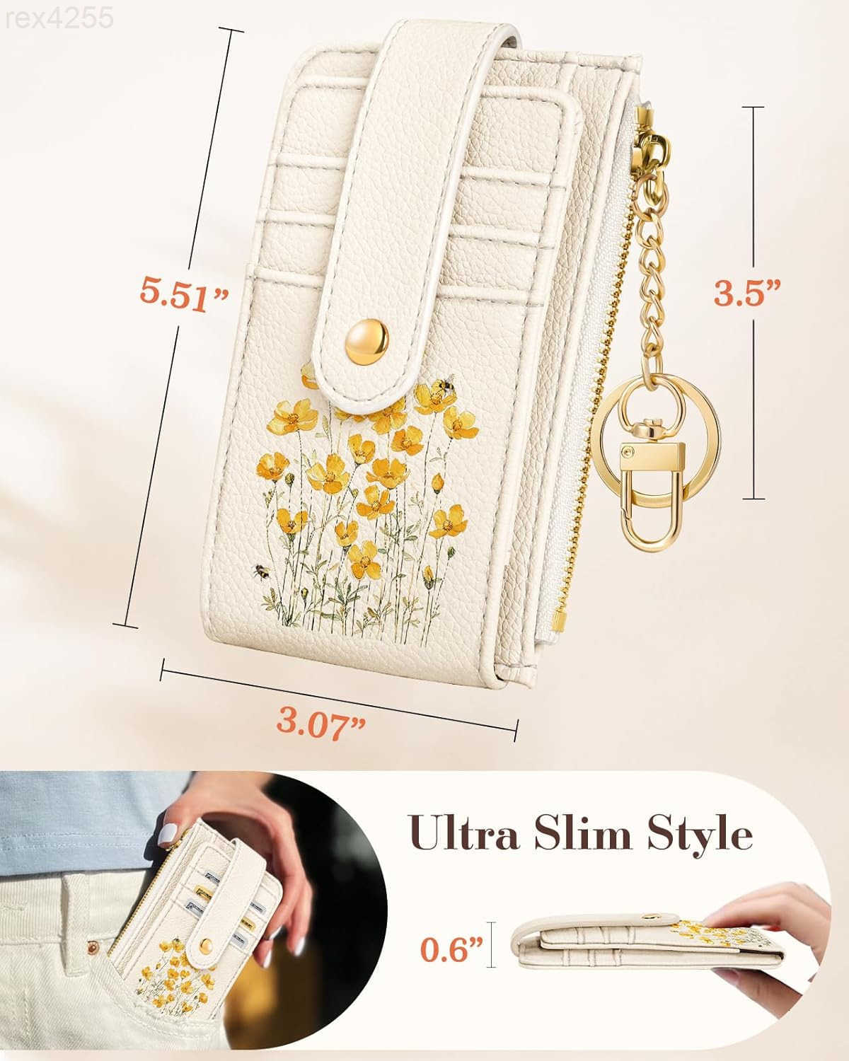 Cute Card Wallet Women with AirTag Holder Daisy Flower Genuine Leather Small Wallets with Keychain RFID Credit Cardholder Air Tag Aesthetic Coin Purse