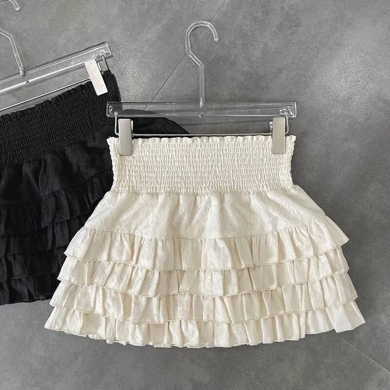 Streetwear Ruffles Mini Women Sweet Kawaii High Waist Lace A Line Skirt Summer Korean Fashion Black Ball Gown Skirts dongdumaoyi