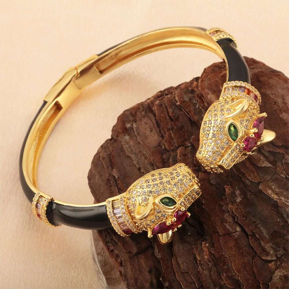 New Trend Heavy Craft Light Black Panther Open Bracelet Real Gold Plated Copper Micro Inlaid Zircon Jewelry