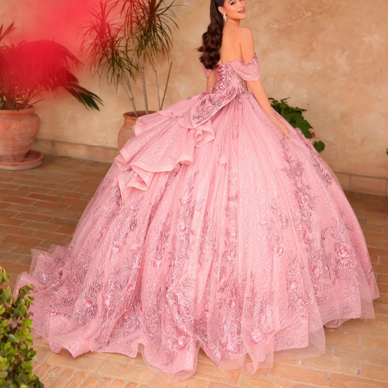 Pink Shiny Quinceanera Dresses Ball Gown Off The Shoulder Applique Flower Beads Tull Bow Party Birthday Sweet 16 Dress Vestidos 15 De Anos