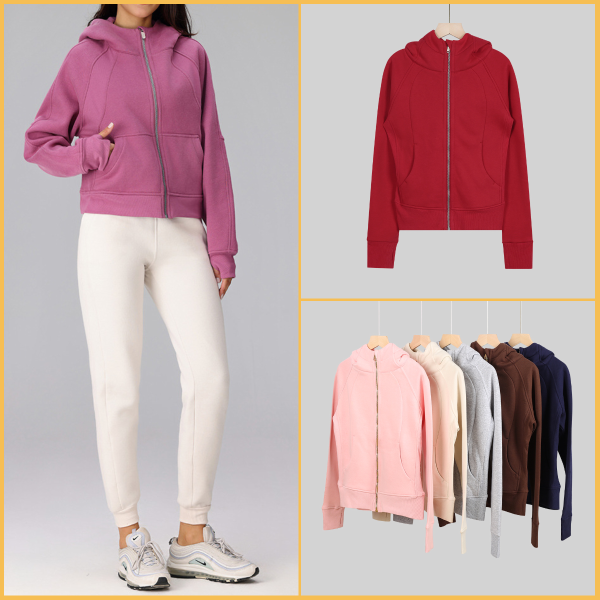 Loose winter long sleeved hoodie with full zipper hooded jacket yoga suit fitness suit women velvet running jacket 2 piece set women designer Leg binding sports pants